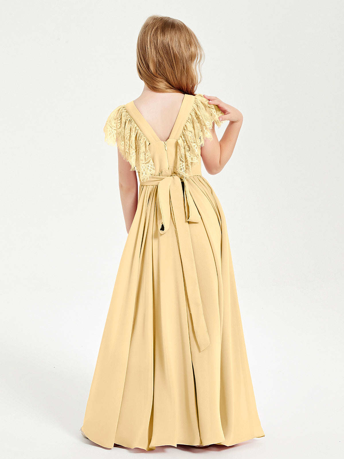Chiffon Junior Bridesmaid Dresses with Lace Flutter Sleeves Gold